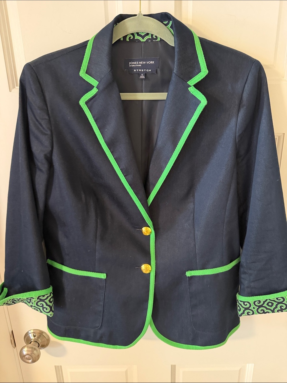 Jones New York Signature Preppy Navy Blazer Kelly  Green Contrast Piping Trim 12